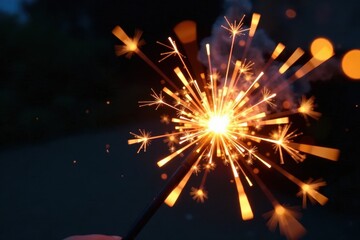 Obraz premium Close-up of a Bengal fire sparkler emitting sparks , sparkler, yellow