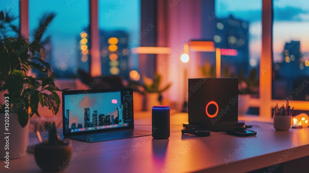 Poster modern workspace with laptop smart speaker and city view
