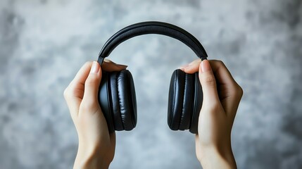 Hands holding black headphones, textured background, music listening, studio shot, e-commerce