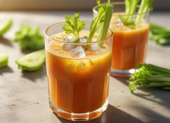 Fototapeta premium Close-up of a glass filled with carrot and celery juice with ice cubes on a sunny day, nourish, juicing