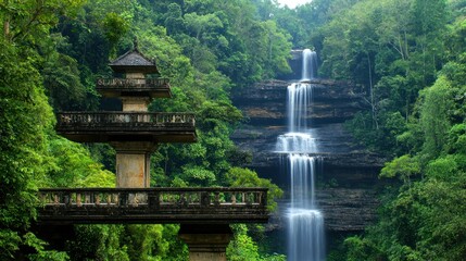 Fototapeta premium Lush Waterfall in Tropical Forest