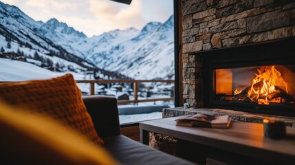 Cozy Mountain Cabin Fireplace Winter Scene