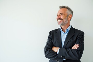Confident Smiling Businessman in Suit Pose Against Neutral Background, Showcasing Professionalism and Charisma