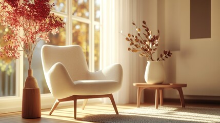 Modern living room autumnal scene with comfy chair
