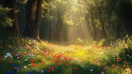Sunlit Forest Meadow Abundant Wildflowers Blooming