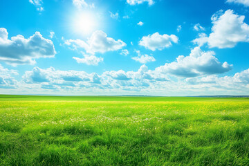 Fototapeta premium Green meadow with blooming yellow flowers under cloudy blue sky on sunny summer day