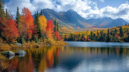 Obraz premium Autumn lake reflection, mountains, forest, fall colors, nature scenery, ideal for travel brochures