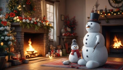 Obraz premium Christmas Eve by the fireplace with a snowman and winter flowers, holiday ambiance, winter landscapes