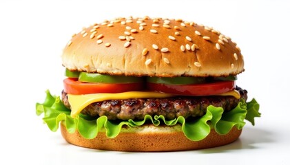 Giant juicy hamburger, sesame seed bun, isolated , delicious, appetizer