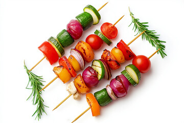 Delicious grilled vegetable skewers with fresh rosemary on a white background, perfect for a healthy and flavorful meal