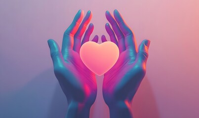 Glowing heart held in hands, neon light.