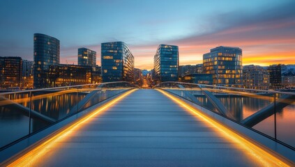 Obraz premium Modern Architectural Bridge at Dusk with Reflections on Water Surrounded by Contemporary Buildings and a Scenic Sunset Sky in an Urban Cityscape
