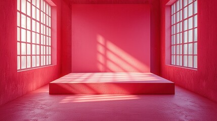 Red studio room with platform, sunlit windows, product display