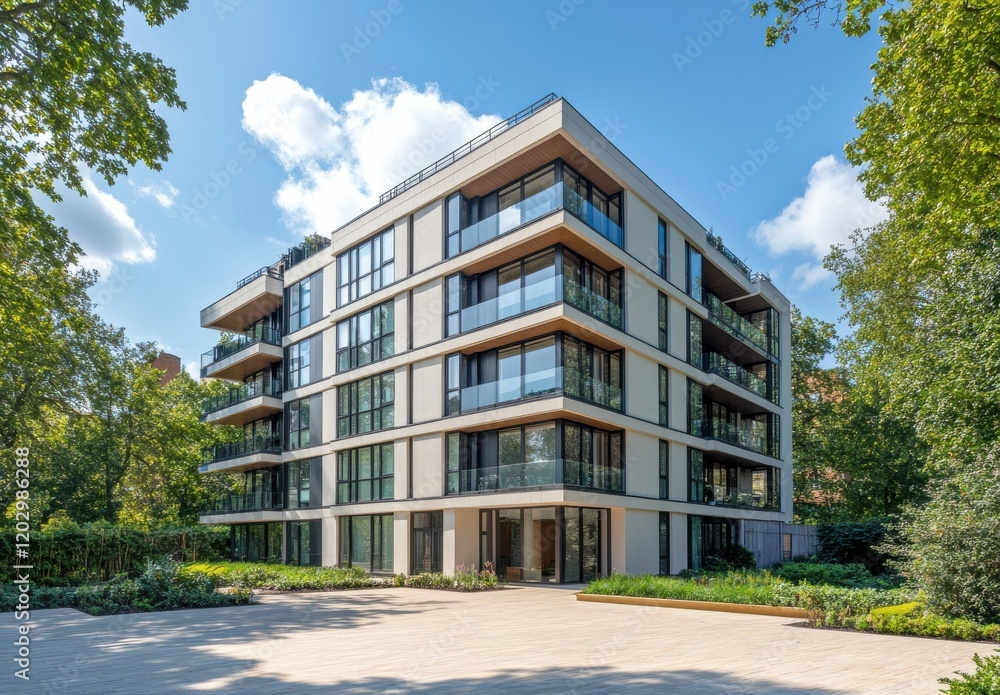 Poster modern architectural building surrounded by lush greenery featuring large glass windows and clean li