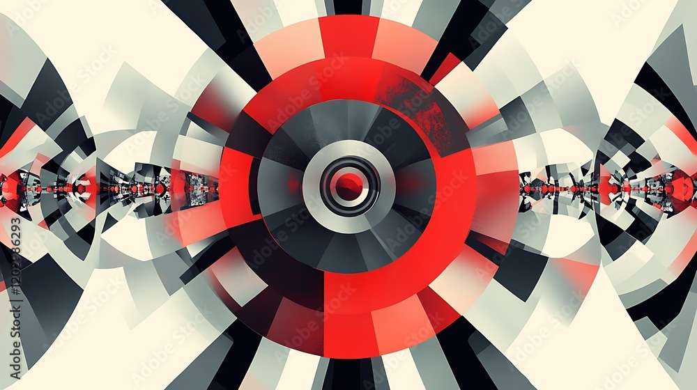 Aufkleber abstract digital artwork featuring concentric circles in shades of red grey with geometric patterns 
