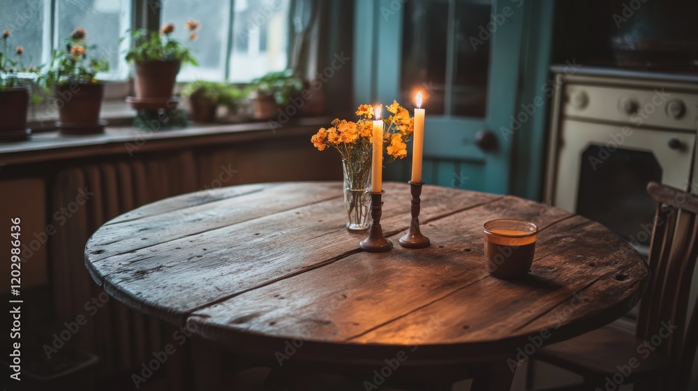 Poster rustic table setting with candles and flowers