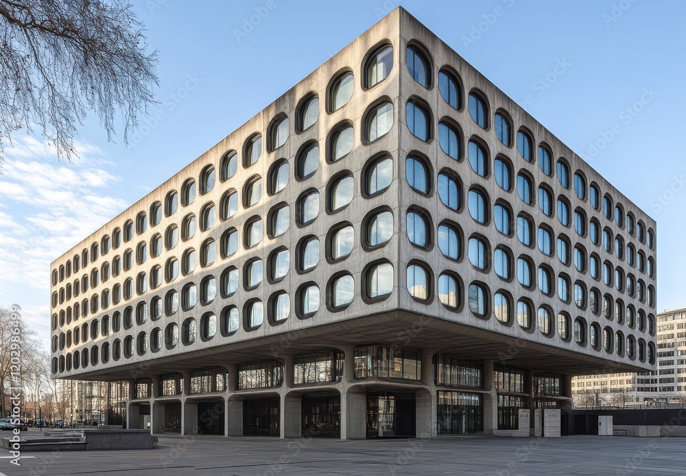 Poster modern architectural building with unique rounded window design, showcasing a contemporary style in 