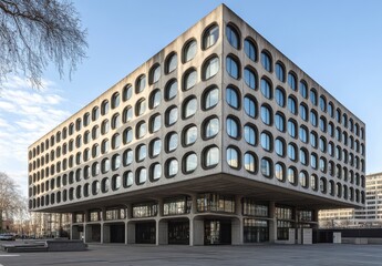 Obraz premium Modern architectural building with unique rounded window design, showcasing a contemporary style in urban environment under clear blue sky