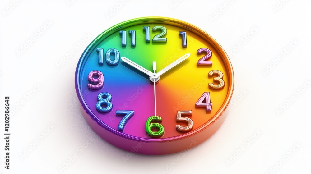 Poster a colorful 3d-rendered clock with rainbow numbers and hands, creating a vibrant and cheerful look, i