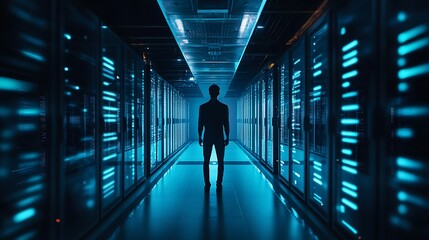 Businessman stands in a data center with glow from server racks illuminating his silhouette For evokes a sense of mystery the power of technology Concept.