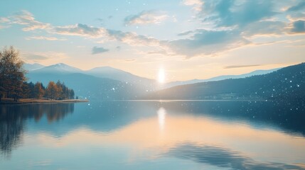 Fototapeta premium Serene Sunset Over Calm Lake Mountains