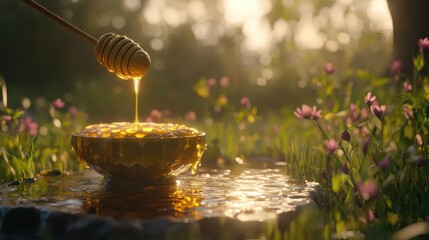 Golden Honey Flows Into Bowl Amidst Blossoming Flowers