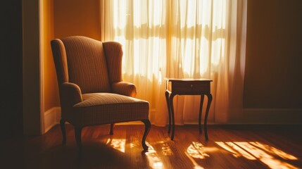 Sunlight Illuminates Wingback Chair And Side Table