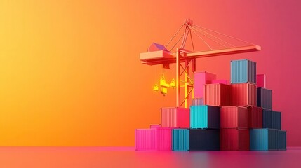 Fototapeta premium Shipping dock glowing with cranes and connected cargo points, logistics efficiency, 3D illustration