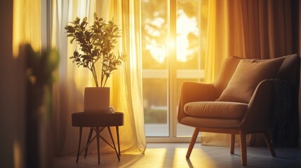 Golden sunlight illuminates a cozy armchair and plant