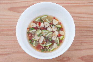 Fish sauce with chili. Chili, garlic, lime, fish sauce. Thai food.