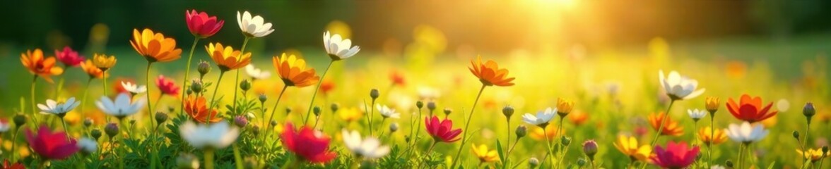 Fototapeta premium Sun-drenched meadow, wildflowers bloom vibrant , field, nature