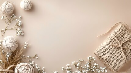 Naklejka premium Beige background, yarn balls, gift, flowers, wheat; craft, DIY project, blog header