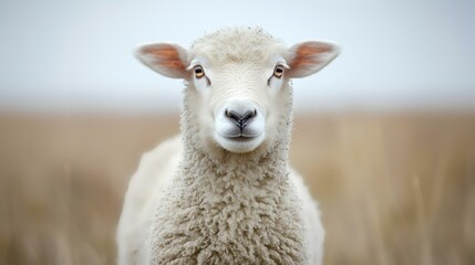 Sheep stares, field pasture, autumn, calm day, farm animal portrait