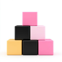 Obraz premium Colorful 3D cubes stacked in pyramid arrangement, featuring pink, black, yellow, and white tones