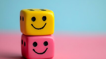 Happy dice on pink background, cheerful game concept, playful mood, shallow depth of field