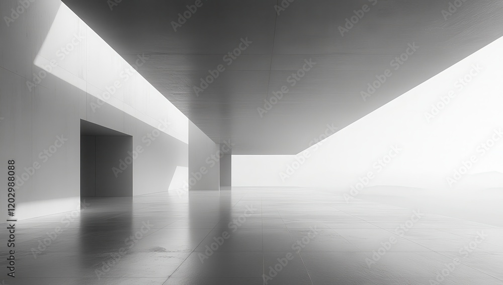 Poster minimalist architectural space featuring sleek lines and natural lighting in a monochrome setting, e