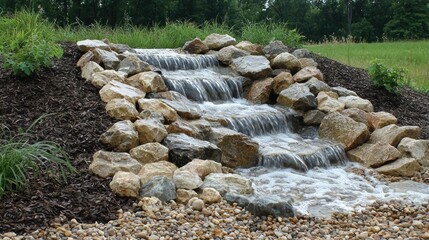 Rock waterfall cascading in garden with rural landscape