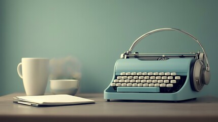Vintage typewriter, headphones, notebook, coffee; quiet workspace, creative writing