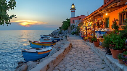 Fototapeta premium Coastal sunset, lighthouse, boats, shops, walkway, Greece