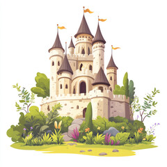 Fairytale Castle Illustration Lush Greenery Stone Pathway
