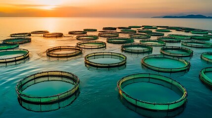 Sunset coastal fish farm aquaculture ocean sunrise