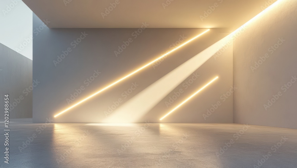 Poster minimalist interior space with soft light rays casting dynamic shadows on bare walls, ideal for back