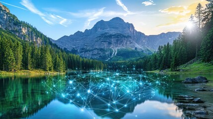 Fototapeta premium Serene Mountain Lake Reflecting Digital Network Connections