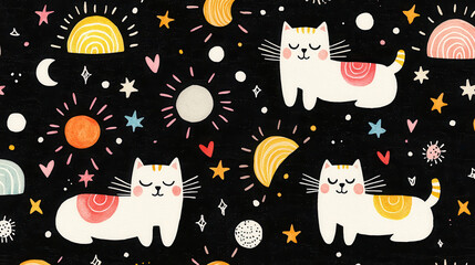 Whimsical illustration of cats with celestial elements like stars, moons, and suns on black background