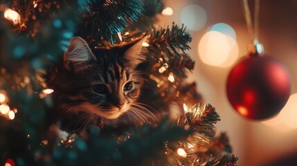 Obraz premium Kitten Hiding in Christmas Tree