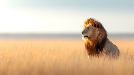 Majestic African lion sits in tall savanna grass at sunrise, serene landscape background; wildlife documentary, travel brochure