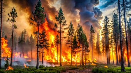 Blazing forest landscape with tall trees and a wild fire spreading through the underbrush, woods on fire, flames, smoke, ash fall, blazing forest
