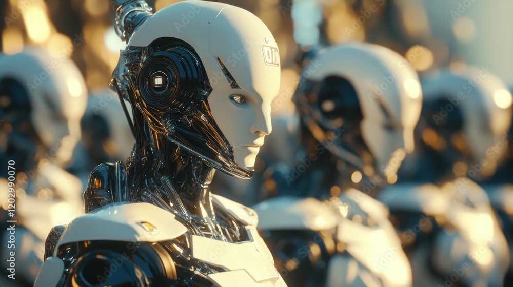 Poster Advanced humanoid robots stand in formation awaiting orders