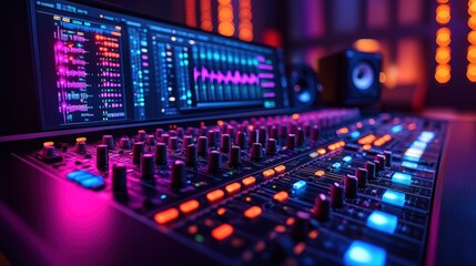 Fototapeta premium Studio mixing console, music production, audio engineering, vibrant lights, background