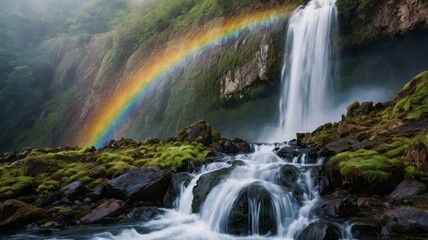 Fototapeta premium A breathtaking waterfall cascading amidst lush greenery and a vibrant rainbow
